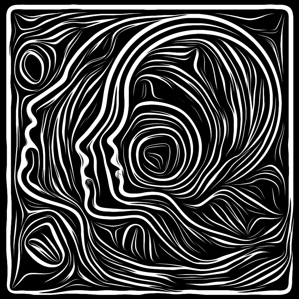 Woodcut Composition. Life Lines series. Backdrop design of human profile and woodcut pattern for works on human drama, poetry and inner symbols