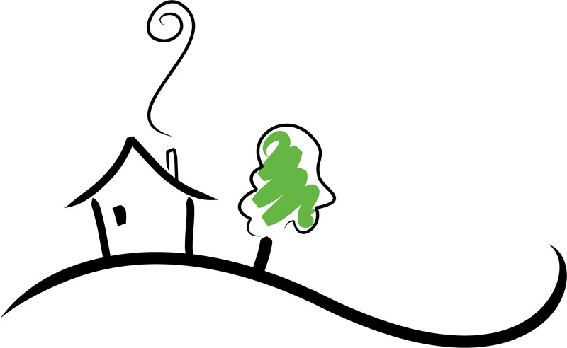 Drawing of small house on rolling hill with tree.
