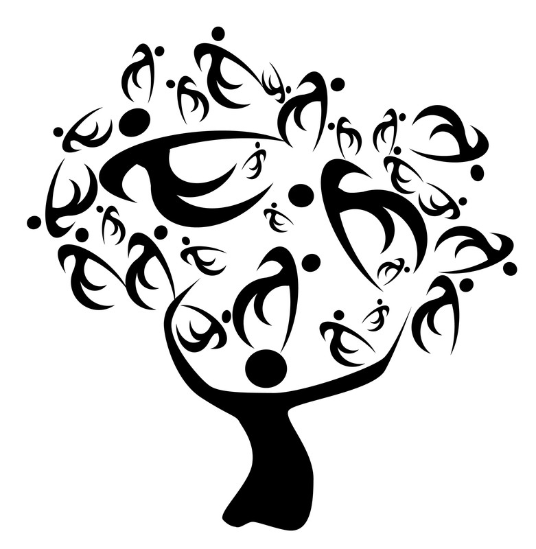 Black and white graphic of people jumbled together in the shape of a tree.