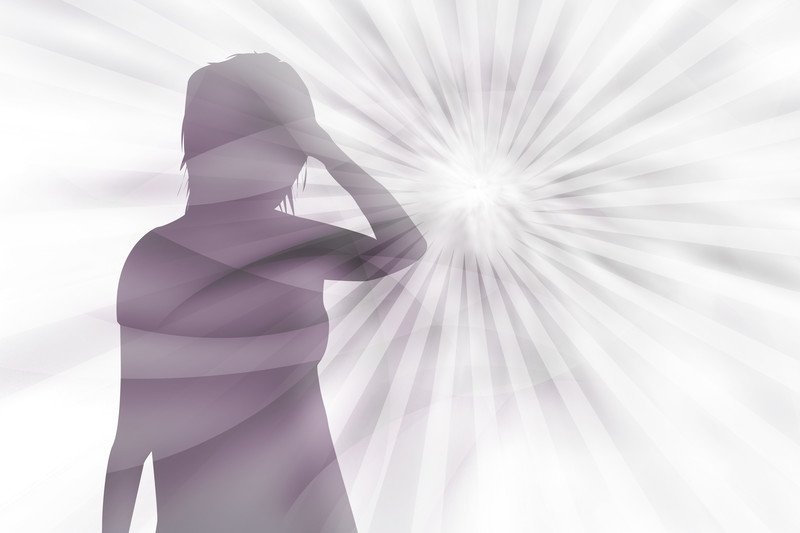 Purple and white graphic of a woman's silhouette with her hand on her head.