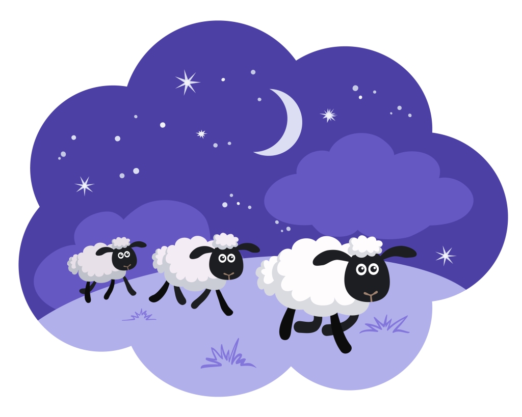 Three black and white sheep in a purple background of meadow, sky, and moon.