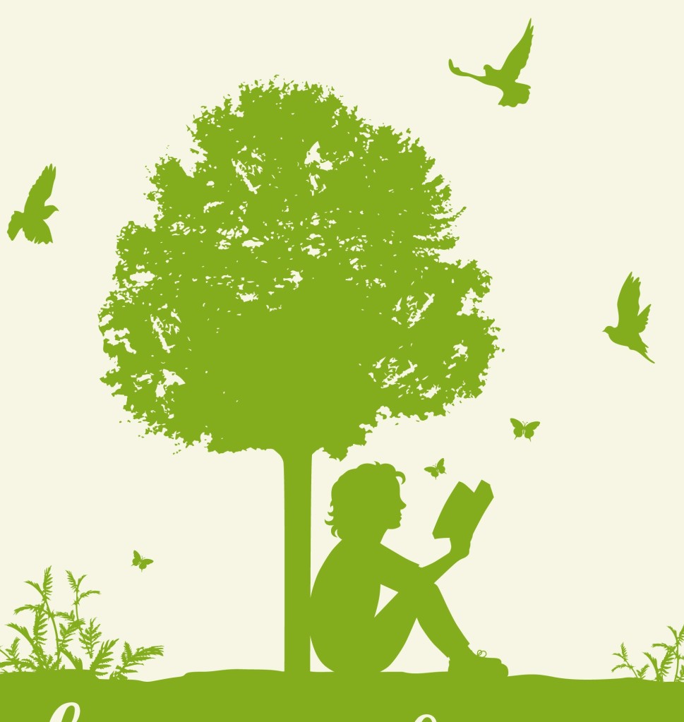 A green silhouette of a woman reading a book under a tree with birds flying above.