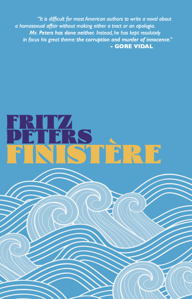 Blue book cover of Fritz Peters Finistere, print in yellow and dark blue with waves curling along the bottom.