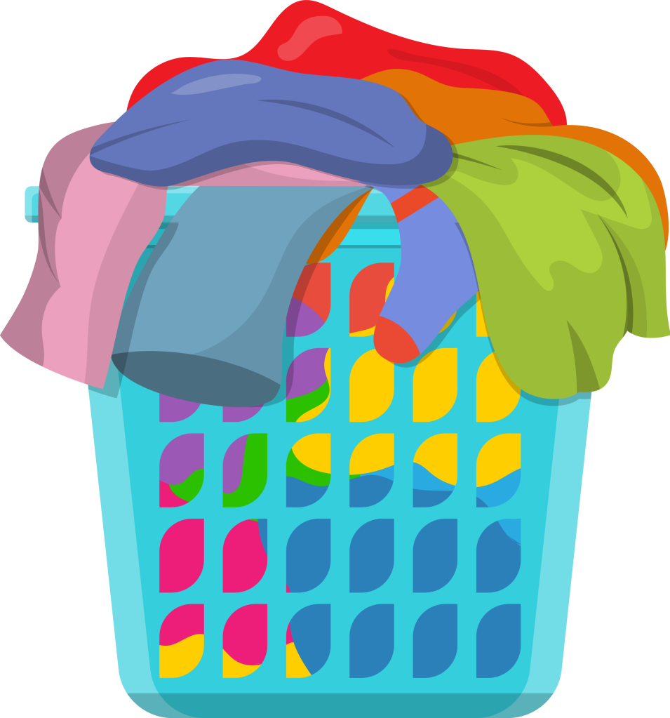 Laundry basket full of bright-colored clothes.