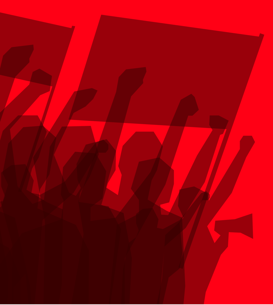Gray silhouettes of people protesting against a red background.