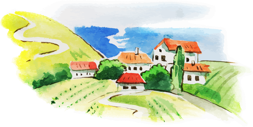 Watercolor painting of red-roofed houses with vineyards surrounding them.